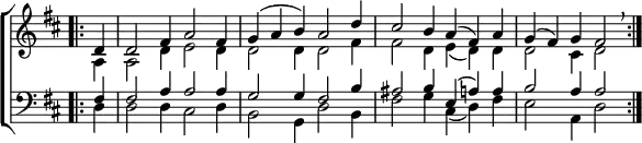 
\new ChoirStaff <<
  \new Staff { \clef treble \time 6/4 \key d \major \partial 4 \set Staff.midiInstrument = "church organ" \omit Staff.TimeSignature \set Score.tempoHideNote = ##t \override Score.BarNumber  #'transparent = ##t 
  \relative c'
  << { \bar".|:" d4 | d2 fis4 a2 fis4 | g( a b) a2 d4 | cis2 b4 a( fis) a | g( fis) g fis2 \breathe \bar":|." } \\
  { a,4 | a2 d4 e2 d4 | d2 d4 d2 fis4 | fis2 d4 e( d) d | d2 cis4 d2 } >>
  }
\new Staff { \clef bass \key d \major \set Staff.midiInstrument = "church organ" \omit Staff.TimeSignature
  \relative c
  << { fis4 | fis2 a4 a2 a4 | g2 g4 fis2 b4 | ais2 b4 e,( a) a | b2 a4 a2 } \\
  { d,4 | d2 d4 cis2 d4 | b2 g4 d'2 b4 | fis'2 g4 cis,( d) fis | e2 a,4 d2 } >>
  } 
>>
\layout { indent = #0 }
\midi { \tempo 4 = 120 }
