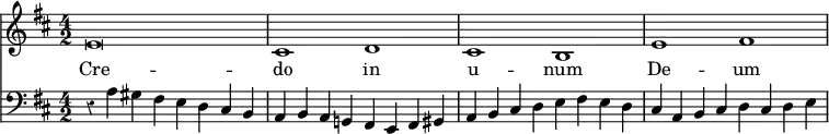 { << \new Staff \with {midiInstrument = #"church organ"} { \time 4/2 \key b \minor \relative e' { e\breve cis1 d cis b e fis } } \addlyrics { Cre -- do in u -- num De -- um }
\new Staff \with {midiInstrument = #"church organ"} { \clef bass \key b \minor \override Staff.Rest #'style = #'classical \relative a { r4 a gis fis e d cis b | a b a g! fis e fis gis | a b cis d e fis e d | cis a b cis d cis d e | } } >> }