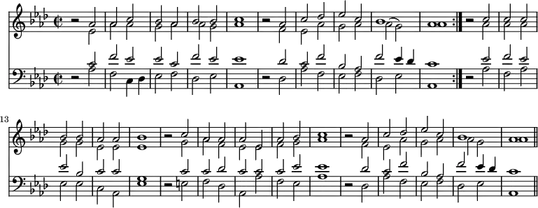 << \new Staff { \key aes \major \time 2/2 << \new Voice \relative a' { \stemUp \repeat volta 2 { r2 aes | aes c | bes aes | bes bes | c1 | r2 aes | c des ees c | bes1 aes } | r2 c | c c bes bes | aes aes bes1 | r2 c aes aes | aes ees | aes bes c1 | r2 aes | c des | ees c | bes1 aes \bar "||" }
\new Voice \relative e' { \stemDown s2 ees aes aes g aes aes g aes1 | r2 f ees aes g aes aes( g) aes1 | r2 aes aes aes g g ees ees ees1 | r2 g aes f ees ees f g aes1 | r2 f | ees aes g aes aes g aes1 } >> }
\new Staff { \clef bass \key aes \major << \new Voice \relative c' { \stemUp r2 c | f ees | ees c | f ees ees1 | r2 des c f bes, aes f' ees4 des | c1 | r2 ees f ees ees bes c c g1 | r2 c c des c c c ees ees1 | r2 des c f bes, aes f' ees4 des | c1 }
\new Voice \relative a { \stemDown s2 aes f c4 des | ees2 f des ees aes,1 | s2 des aes' f ees f des ees aes,1 | s2 aes' f aes ees ees c aes ees'1 | r2 e f des aes aes' f ees aes1 | r2 des, aes' f ees f des ees aes,1 } >> } >>
