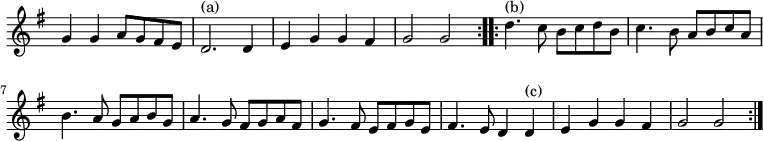 { \override Score.TimeSignature #'stencil = ##f \time 4/4 \key g \major \relative g' { \repeat volta 2 { g4 g a8 g fis e d2.^"(a)" d4 e g g fis g2 g } \repeat volta 2 { d'4.^"(b)" c8 b[ c d b] | c4. b8 a b c a | b4. a8 g a b g | a4. g8 fis g a fis | g4. fis8 e fis g e | fis4. e8 d4 d^"(c)" e g g fis | g2 g } } }