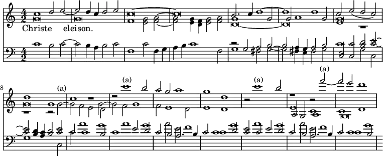 
<< \new Staff { \time 4/2
<< \new Voice { \stemUp c''1 d''2 e'' ~ e'' d''4 c'' d''2 e'' | c''\breve ~ c'' | b'2. c''4 d''1 ~ d'' d'' | c''2 e''_( d'' c'') | d''1 g' c'' r | r2 c'''1^"(a)" b''2 | a'' g'' a''1 | g'' d'' | r2 c'''1^"(a)" b''2 | r1 r2 f'''^"(a)" ~ | f''' e''' d'''1 }
\new Voice = "voiceTwo" { \stemDown g'\breve g' | f'1 <g' e'>2 <f' a'> ~ | q <g' e'>4 <f' d'> <e' g'>2 <f' a'> | d'\breve _~ d' | e'1 r r r2 g'^"(a)" ~ g' f' e' d' s\breve s s s e'1 c' c' d' }
\new Voice { \stemUp s\breve s s s g'1 s2 g' | g' a'1 g'2 | g'\breve g' s1 \stemDown s2 g'2 ~ g' f' g'1 f'2 e'1 d'2 e'1 d' s\breve \stemUp a2 g a1 g\breve } 
>> }
\new Lyrics = "voiceTwo" 
\context Lyrics = "voiceTwo" {
\lyricsto "voiceTwo" { Christe eleison. }
}
\new Staff { \clef bass << \new Voice { \stemDown c'1 b2 c' ~ c' b4 a b2 c' | f1 c'2 f4 g | a b c'1 f2 | g1 fis2 g ~ g fis4 e fis2 g | c'1 g2 c2 | g1 s2 c2 c' a'1 g' | a' g' | a'2 e' f'1 | c' g' | a' g' | a'2 e' f'1 | c' g' }
\new Voice { \stemUp s\breve s s s r2 g a b ~ b a4 g a2 b <c e> <c c'> <b d'> <c' e'> ~ | q <b d'>4 <a c'> <b d'>2 <c' e'> | c' c'1 b2 | c'1 e'2 d' | c' b a2. b4 | c'2 c'1 d'2 | <c' e'> c' e' d' | c' b a2. b4 c'2 c'1 b2 } >> } >>
