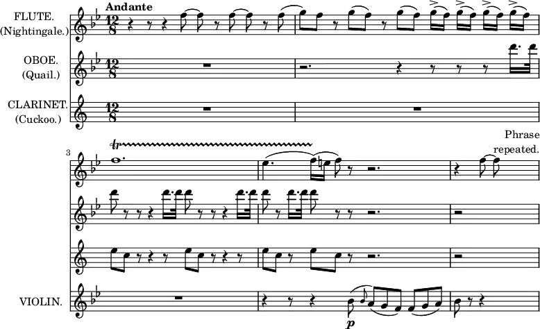 
\new Grandstaff <<
  \new Staff = "flute" \with {
    instrumentName = \markup \center-column {
                                              "FLUTE."
                                              "(Nightingale.)"
                                            }
    midiInstrument = "flute"
  } \relative c'' {
    \key bes \major
    \time 12/8
    \tempo "Andante"
    r4 r8 r4 f8~ f r f~ f r f(
    \autoBeamOff
    g)[ f] r g([ f)] r g([ f)] g16([\accent f)] g([\accent f)] g([\accent f)] g([\accent f)]
    f1.\startTrillSpan
    ees4.( f16)([\stopTrillSpan e] f8) r r2.
    \partial 2 r4  f8~ f^\markup \right-column {"Phrase" "repeated."}
  }
  \new Staff = "oboe" \with {
    instrumentName = \markup \center-column {
                                              "OBOE."
                                              "(Quail.)"
                                            }
    midiInstrument = "oboe"
  } \relative c'' {
    \key bes \major
    \time 12/8
    \tempo "Andante"
    R1*12/8
    r2. r4 r8 r r d'16. d32
    d8 r r r4 d16. d32 d8 r r r4 d16. d32
    d8 r d16. d32 d8 r r r2.
    \partial 2 r2
  }
  \new Staff = "clarinet" \with {
    instrumentName = \markup \center-column {
                                              "CLARINET."
                                              "(Cuckoo.)"
                                            }
    midiInstrument = "clarinet"
  } \relative c'' {
    \transposition bes
    \key c \major
    \time 12/8
    \tempo "Andante"
    R1*12/8
    R1*12/8
    e8 c r r4 r8 e c r r4 r8
    e c r e c r r2.
    \partial 2 r2
  }
  \new Staff = "violin" \with {
    \RemoveAllEmptyStaves
    instrumentName = "VIOLIN."
    shortInstrumentName = "VIOLIN."
    midiInstrument = "violin"
  } \relative c'' {
    \key bes \major
    \time 12/8
    \tempo "Andante"
    R1*12/8
    R1*12/8
    R1*12/8
    r4 r8 r4 bes8(\p \grace {bes8} a)( g f) f( g a)
    \partial 2 bes r r4
  }
>>
\layout {
  indent = 2\cm
  short-indent = 2\cm
}

