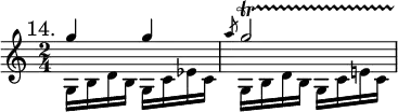 \new Staff { << \mark "14." \time 2/4
\new Voice \relative g'' { \stemUp g4 g | \slashedGrace a8 g2\startTrillSpan }
\new Voice \relative g { \stemDown g16 b d b g c ees c | g b d b g c e! c } >> }