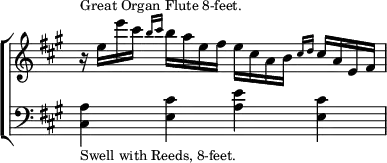\new ChoirStaff << \override Score.TimeSignature #'stencil = ##f
\new Staff \relative e'' { \key a \major \time 4/4
r16^\markup \small "Great Organ Flute 8-feet." e e' cis
\grace { b cis } b a e fis
e cis a b \grace { cis d } cis a e fis }
\new Staff \relative c { \clef bass \key a \major
<cis a'>4_\markup \small "Swell with Reeds, 8-feet." <e cis'> <a e'> <e cis'> } >>