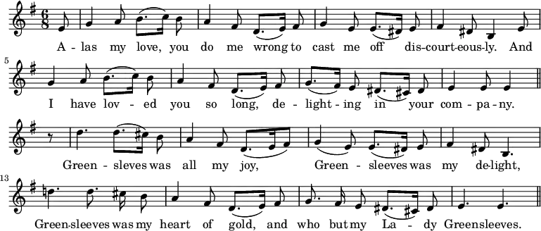{ \time 6/8 \key e \minor \partial 8 \relative e' { \autoBeamOff e8 g4 a8 b8.([ c16)] b8 a4 fis8 d8.([ e16)] fis8 | g4 e8 e8.([ dis16)] e8 | fis4 dis8 b4 e8 g4 a8 b8.([ c16)] b8 a4 fis8 d8.([ e16)] fis8 g8.([ fis16)] e8 dis8.([ cis16)] dis8 e4 e8 e4 \bar "||" r8 | d'4. d8.([ cis16)] b8 a4 fis8 d8.([ e16 fis8)] | g4( e8) e8.([ dis16)] e8 fis4 dis8 b4. d'!4. d8. cis16 b8 a4 fis8 d8.([ e16)] fis8 | g8. fis16 e8 dis8.([ cis16)] dis8 e4. e \bar "||" } \addlyrics { A -- las my love, you do me wrong to cast me off dis -- court -- eous -- ly. And I have lov -- ed you so long, de -- light -- ing in your com -- pa -- ny. Green -- sleves was all my joy, Green -- sleeves was my de -- light, Green -- sleeves was my heart of gold, and who but my La -- dy Green -- sleeves. } }