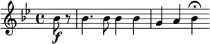 { \override Score.BarNumber #'break-visibility = #'#(#f #f #f) \override Score.Rest #'style = #'classical \time 4/4 \partial 4 \key bes \major bes'8\f r | bes'4. bes'8 bes'4 bes' | g' a' bes'\fermata }