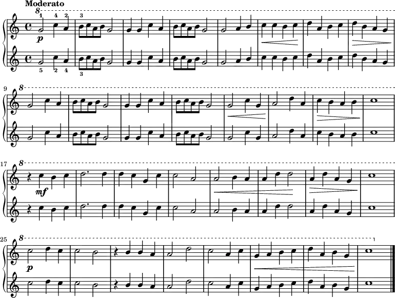 
\relative c''' {
\new PianoStaff <<
 \new Staff { \tempo "Moderato" \ottava 1
  g2\p-1 c4-4 a-2 | b8-3 c a b g2 | g4 g c a | b8 c a b g2 | g a4 \stemUp b \stemNeutral | c\< c b c\! 
  d a b c | d\> b a g |g2\! c4 a | b8 c a b g2 | g4 g c a | b8 c a b g2 
  g\< c4 g | a2\! d4 a | c\> b a b | c1\! | r4 c\mf b c | d2. d4
  d c g c | c2 a | a\< b4 a | a d d2\! | a4\> d a g | c1\! | c2\p d4 c 
  c 2 b | r4 \stemUp b b a | a2 \stemNeutral d | c a4 c | g\< a b c | d a b g | c1\! \bar "|."
  }
 \new Staff {
  g,2_5 c4_2 a_4 | b8_3 c a b g2 | g4 g c a | b8 c a b g2 | g a4 \stemUp b \stemNeutral | c c b c || d a b c | d b a g |g2 c4 a | b8 c a b g2 | g4 g c a | b8 c a b g2 || g c4 g | a2 d4 a | c b a b | c1 | r4 c b c | d2. d4 || d c g c | c2 a | a b4 a | a d d2 | a4 d a g | c1 | c2 d4 c || c 2 b | r4 \stemUp b b a | a2 \stemNeutral d | c a4 c | g a b c | d a b g | c1
  }
  >>
}
