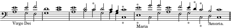 { \override Score.TimeSignature #'stencil = ##f \clef bass \cadenzaOn \relative e' << { e1 e2 f \bar "|" d1 e \bar "|" e d2 c^"*" d c4 b c1^"*" \bar "|" e^"*" g2 g e1 f2 e4 d^"*" c2^"*" b c1 \bar "||" } \\ { a1_\markup { \smaller "Virgo Dei" } g2 f g1 c a b2 c g a4 g c,1_"*" e_"*" _\markup { \smaller Maria } c2 g' a1 f2 g_"*" c,_"*" d_\markup { \smaller Amoria. } c1 } >> }