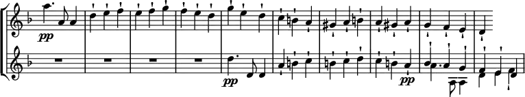 \relative c'' {
\override Score.TimeSignature #'stencil = ##f
\new StaffGroup <<
\new Staff { \key d \minor \time 3/4
a'4.\pp a,8 a4 d-! e-! f-! e-! f-! g-! f-! e-! d-! g-! e-! d-! c-! b-! a-! gis-! a-! b-! a-! gis-! a-! g-! f-! e-! d-! |
}
\new Staff { \key d \minor \time 3/4
R2. R2. R2. R2. d'4.\pp d,8 d4 a'-! b-! c-! b-! c-! d-! c-! b-! a-!\pp << { bes-! a-! g-! f-! e-! d } \\ {a'4. a,8 a4 d e f-!} >>
}
>>
}