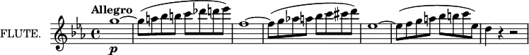 
\new Staff = "flute" \with {
  instrumentName = "FLUTE."
  midiInstrument = "flute"
} \relative c'' {
  \key ees \major
  \tempo "Allegro"
  g'1~\p
  g8( a bes b c des d ees)
  f,1~
  f8( g aes! a bes c cis d)
  ees,1~
  ees8( f g a bes b c ees,)
  d4 r r2
}
\layout {
  indent = 2\cm
}
