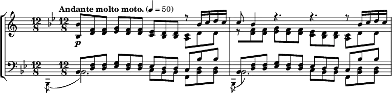 
\new StaffGroup <<
\new Staff  {
        \key bes \major
        \time 12/8 \tempo "Andante molto moto." 4=50
        <bes bes'>8 \p
        [<d' f'>8 <d' f'>8]
        <es' g'>8
        <d' f'>8
        <d' f'>8
        <c' es'>8
        <d' bes>8
        <d' bes>8
        << \new Voice { \voiceOne r8 bes'16 c''16 d''16 c''16}
          \new Voice { \voiceTwo <a c'>8 d'8 d'8}
        >>
        << \new Voice { \voiceOne c''8 bes'4 r4. r4. r8 bes'16 c''16 d''16 c''16}
          \new Voice { \voiceTwo r8 [<d' f'>8 <d' f'>8] <es' g'>8 <d' f'>8 <d' f'>8
                <c' es'>8 <d' bes>8 <d' bes>8 <a c'>8 d'8 d'8 }
        >>

}
\new Staff {
        \clef bass
        \key bes \major \time 12/8
        <<
                \new Voice { \voiceOne bes,8 <d f>8 <d f>8 <g es>8 <d f>8 <d f>8 es8 d8          
                        d8 c8 bes8 bes8}
                \new Voice { \voiceTwo \acciaccatura bes,,8 bes,2. c8 bes,8 bes,8 f,8 <bes, d>8 <bes, d>8}
        >>
        <<
                \new Voice { \voiceOne bes,8 <d f>8 <d f>8 <g es>8 <d f>8 <d f>8 es8 d8
                        d8 c8 bes8 bes8}
                \new Voice { \voiceTwo \acciaccatura bes,,8 bes,2. c8 bes,8 bes,8 f,8 <bes, d>8 <bes, d>8}
        >>
}
>>
