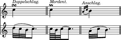 { \override Score.TimeSignature #'stencil = ##f << \cadenzaOn \relative c'' { c4\turn^\markup { \smaller \italic Doppelschlag. } \bar "||" c\prall^\markup { \smaller \italic Mordent. } \bar "||" \appoggiatura { a16[^\markup { \smaller \italic Anschlag. } c] } b4 \bar "||" }
\new Staff { \relative c'' { d32*2/3([ c b c8.)] c64[ b c32 ~ c8.] a32([ c b8.)] } } >> }