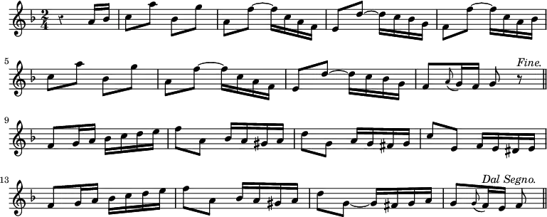 \relative a' { \override Score.Rest #'style = #'classical \time 2/4 \key f \major \partial 4.
  r4 a16 bes | c8 a' bes, g' | a, f' ~ f16 c a f | e8 d' ~ d16 c bes g
  f8 f' ~ f16 c a bes | c8 a' bes, g' | a, f' ~ f16 c a f |
  e8 d' ~ d16 c bes g | f8 \appoggiatura a g16 f g8 r^\markup \italic "Fine." \bar "||" \break
  f8 g16 a bes c d e | f8 a, bes16 a gis a | d8 g, a16 g fis g |
  c8 e, f16 e dis e | f8 g16 a bes c d e | f8 a, bes16 a gis a |
  d8 g, ~ g16 fis g a | g8 \appoggiatura g f16^\markup \italic "Dal Segno." e f8 \bar "||" }