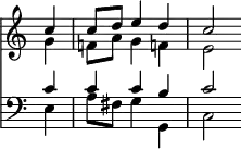 { \override Score.TimeSignature #'stencil = ##f \time 3/4 \partial 4 << \relative c'' << { c4 | c8 d e4 d | c2 } \\ { g4 f!8 a g4 f! e2 } >> \new Staff { \clef bass { \relative c' << { c4 c c b c2 } \\ { e,4 a8 fis g4 g, c2 } >> } } >> }