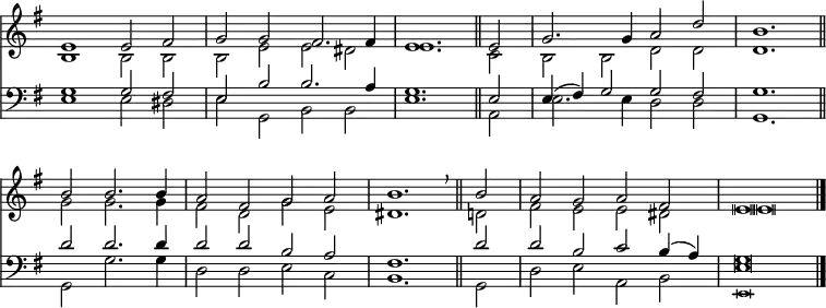 
<< <<
\new Staff { \clef treble \time 4/2 \key e \minor \set Staff.midiInstrument = "church organ" \omit Staff.TimeSignature \set Score.tempoHideNote = ##t \override Score.BarNumber  #'transparent = ##t \override Staff.NoteHead.style = #'altdefault
  \relative c'
  << {  e1 e2 fis | g g fis2. fis4 | e1. \bar"||" e2 | g2. g4 a2 d | \time 3/2 b1. \bar"||" \break
        b2 b2. b4 | \time 4/2 a2 fis g a | b1. \breathe \bar"||" b2 | a g a fis | e \breve \bar"|." } \\
  { b1 b2 b | b e e dis | e1. c2 | b b d d | d1.
    g2 g2. g4 | fis2 d g e | dis1. d2 | fis e e dis | e \breve } >>
}
\new Staff { \clef bass \key e \minor \set Staff.midiInstrument = "church organ" \omit Staff.TimeSignature
  \relative c'
  << { g1 g2 fis | e b' b2. a4 | g1. e2 | e4( fis) g2 g fis | g1.
       d'2 d2. d4 | d2 d b a | fis1. d'2 | d b c b4( a) | g \breve } \\
  { e1 e2 dis | e g, b b | e1. a,2 | e'2. e4 d2 d | g,1.
    g2 g'2. g4 | d2 d e c | b1. g2 | d'2 e a, b | e \breve } \\
       \tiny \override NoteColumn.force-hshift = #0.1
       { s1 s1 | s1 s1 | s1 s1 | s1 s1 | s1. |
       s1. | s1 s1 | s1 s1 | s1 s1 | e, \breve } >>
}
>> >>
\layout { indent = #0 }
\midi { \tempo 2 = 56 }
