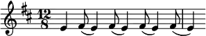 { \time 12/8 \key d \major \relative e' { e4 \repeat unfold 4 { fis8( e4) } } }