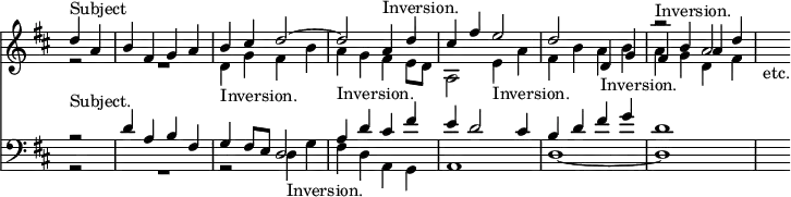 { << \new Staff \relative d'' { \key d \major \time 4/4 \override Score.TimeSignature #'stencil = ##f \partial 2
<< { d4^"Subject" a | b fis g a | b cis d2 ~ |
d2 a4^"Inversion." d | cis fis e2 | d2 s |
r^"Inversion." a | s_"etc." } \\
{ r2 R1 | d,4_"Inversion." g fis b | a g fis e8 d |
a2 e'4_"Inversion." a | fis b a b | a g d fis } \\
{ s2 s1 s s s s2 d4_"Inversion." g | fis b a d } >> }
\new Staff \relative d' { \clef bass \key d \major
<< { r2^"Subject." d4 a b fis | g fis8 e d2 |
a'4^"Inversion." d cis fis | e d2 cis4 | b d fis g | d1 } \\
{ r2 R1 r2 d,4_"Inversion." g | fis d a g |
a1 d _~ d | s2 } >> } >> }