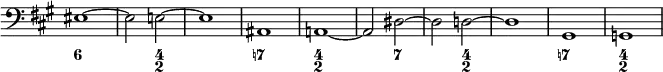 { \override Score.TimeSignature #'stencil = ##f << \new Staff { \clef bass \time 4/4 \key a \major eis1 ~ eis2 e ~ e1 | ais, | a,! ~ | a,2 dis ~ | dis d ~ | d1 | gis, | g, }
\figures { <6>1 <_>2 <4 2> <_>1 <7!> <4 2> <_>2 <7> <_> <4 2> <_>1 <7!> <4 2> } >> }