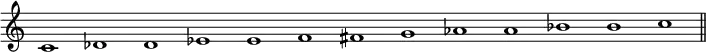 \relative c' {
\omit Staff.TimeSignature
\omit Staff.BarLine
c1 des d ees e f fis g aes a bes b c |
\undo \omit Staff.BarLine \bar "||"
}