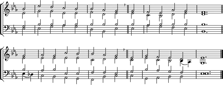 
\new ChoirStaff <<
  \new Staff { \clef treble \time 4/2 \key es \major \partial 2 \set Staff.midiInstrument = "church organ" \omit Staff.TimeSignature \set Score.tempoHideNote = ##t \override Score.BarNumber  #'transparent = ##t 
  \relative c''
  << { bes2 | es d c bes | bes aes g \breathe \bar"||"
       g | f es aes g | f1. \bar"||" \break
       g2 | aes g c bes | bes aes g \breathe \bar"||"
       es | g f es d | es1. \bar"|." } \\
  { es2 | g g es es | f d es es | c bes d es | d1.
    es2 | 2 2 2 2 | c d es c | es c bes bes4( aes) | g1. } >>
  }
\new Staff { \clef bass \key es \major \set Staff.midiInstrument = "church organ" \omit Staff.TimeSignature
  \relative c'
  << { g2 | bes bes aes bes | bes bes bes bes | aes bes bes bes | bes1.
       bes2 | aes bes es, es | f f es g | bes aes g f | es1. } \\
  { es2 | 2 g aes g | d bes es es | aes g f es | bes1.
    es4( des) | c2 bes aes g | f bes c c | g aes bes bes | es1. } >>
  } 
>>
\layout { indent = #0 }
\midi { \tempo 2 = 76 }
