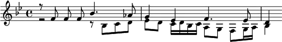 { \relative f' { \key bes \major \time 4/4
<< { r8 f f\noBeam f bes4. aes8 | g4 ees f4. ees8 | d4 } \\
{ r2 r8 bes c d | ees d c16 d bes c a8 g f g16 a | bes4 } >> } }