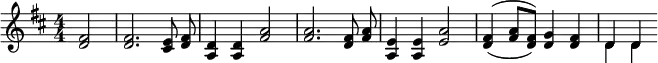 
    \relative c' { 
    \key d \major \time 4/4
    \numericTimeSignature
    \override Score.BarNumber #'break-visibility = #'#(#f #f #f)
    \autoBeamOff
    \set doubleSlurs = ##t
    \partial 2 <d fis>2
    <d fis>2. <cis e>8 <d fis>
    <a d>4 <a d> <fis' a>2
    <fis a>2. <d fis>8 <fis a>
    <e a,>4 <e a,> <e a>2
    \autoBeamOn
    <d fis>4( <fis a>8 <d fis>) <d g>4 <d fis>
    << { d } \\ { d } >> << { d } \\ { d } >>
	}
