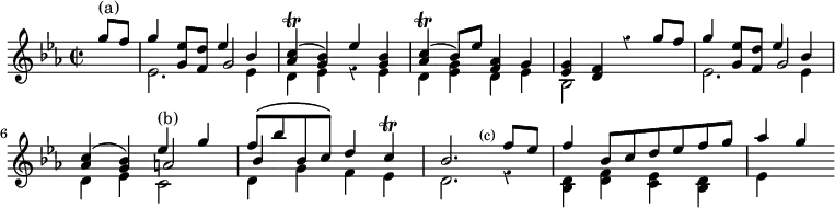 { \time 2/2 \key ees \major \override Score.Rest #'style = #'classical \partial 4 \relative g'' << { g8^"(a)" f | g4 <ees g,>8 <d f,> ees4 bes <c aes>(\trill <bes g>) ees <bes g> | <c aes>(\trill bes8) ees <aes, f>4 g s2. g'8 f g4 <ees g,>8 <d f,> ees4 bes <c aes>( <bes g>) ees^"(b)" g | f8( bes bes, c) d4 c\trill bes2. \bar ":|" f'8^\markup { \halign #2 \smaller (c) } ees f4 bes,8[ c d ees f g] aes4 g } \\ {s4 ees,2. ees4 d ees r ees d <ees g> d ees bes2 s ees2. ees4 d ees c2 d4 g f ees d2. r4 <d bes> <f d> <ees c> <d bes> ees } \\ { s4 s2 g s1*2 <g ees>4 <f d> r s | s2 g s a bes4 } >> }