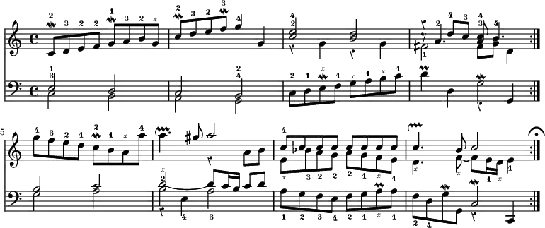 << 
\new Staff << 
  \autoBeamOff \override Staff.Rest.style = #'classical
  \new Voice \relative c'{
    \voiceOne \set fingeringOrientations = #'(up)
    \repeat volta 2 {
      \repeat volta 2 {
        c8-2\mordent[ d-3 e-2 f-2] g-1\mordent[ a-3 b-2 g]^\rightHandFinger #5
        c-2\mordent[ d-3 e-2 f-3\mordent] g4-4 g,
        \stemUp \once \set fingeringOrientations = #'(up) <c-2 e-4>2 <b d>
        a'4\rest d,8-4[ c-3] <c-4 a-3> b4.-4
      }
      g'8-4_[ f-3 e-2 d-1] c-2\mordent_[ b-1 a^\rightHandFinger #5 a'-4]
      \stemDown a4.\upprall \stemUp gis8 a2 c,8-4[ c c c] c[ c c c]
      c4.\upprall b8 c2
      \mark \markup { \musicglyph "scripts.ufermata" } 
    }
  }
  \new Voice \relative g'{
    \voiceTwo \stemDown \set fingeringOrientations = #'(down) s1 s
    r4 g r4 g
    fis2-1 fis8 g d4
    s1
    s2 r4 a'8[ b] e,[_\rightHandFinger #5 bes'-3 a-2 g-2] a-2[ g-1 f_\rightHandFinger #5 e-1]
    d4._\rightHandFinger #5 f8~_\rightHandFinger #5 f[ e16-1 d]_\rightHandFinger #5 e4-1 
  }
  \new Voice \relative c''{
    \voiceThree \stemUp s1 s1 s1
    c8\rest a4.-2
  }
>>
\new Staff <<
  \clef bass
  \autoBeamOff \override Staff.Rest.style = #'classical
  \new Voice \relative c {
    \set fingeringOrientations = #'(up)
    \voiceOne
    \stemDown c2-3 b a g-4
    s1 s1
    \override Voice.Fingering.staff-padding = #2
    g'2 a b-2 \revert Voice.Fingering.staff-padding a_3
  }
  \new Voice \relative e {
    \override Voice.Fingering.staff-padding = #2
    \stemUp e2-1 d c b-2
    \revert Voice.Fingering.staff-padding
    \stemDown c8-2[ d-1 e^\rightHandFinger #5 \mordent f-1] g[^\rightHandFinger #5 a-1 b^\rightHandFinger #5 c-1] d4\prall d, g2\mordent
    \override Voice.StrokeFinger.staff-padding = #4
    \stemUp b c d~^\rightHandFinger #5 d8[ c16 b] c8[ d]
    \revert Voice.StrokeFinger.staff-padding
    \stemDown a_1[ g_2 f_3 e_4] f_2[ g_1 a_\rightHandFinger #5 \prall a_1]
    f_2[ d_4 g\mordent g,] \stemUp c2\mordent
  }
  \new Voice \relative e, {
    \set fingeringOrientations = #'(down)
    s1 s s s2
    e4\rest g
    s1 g4\rest e'_4 s2
    s1 s2 e,4\rest c
  }
>>
>>