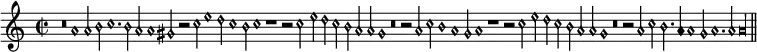 { \relative a' { \time 2/2 \cadenzaOn \override NoteHead.style = #'petrucci
 r\breve a1 a2 b c1. b2 a a1 gis2 r %end line 1
 c2 e1 d2 c1 b2 c1 r r2 c2 e d c %end line 2
 b a a gis1 r\breve r2 a2 c b1 a gis2 a1 %end line 3
 r1 r2 c e d c b a a gis1 r\breve r2 a %end line 4
 c b2. a4 a1 gis2 a1. a2 a\longa \bar "||" } }