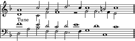 << \override Score.TimeSignature #'stencil = ##f \time 12/2 \new Staff << \key f \major \new Voice { \voiceOne \relative a' { a1 c2 bes a d2. c4 c1 b2 c1 \bar "||" } }
\new Voice { \voiceTwo \relative d' { d1 c2 f f1 r2 g g2. f4 e2 } } >>
\new Staff << \clef bass \key f \major \new Voice { \voiceOne \relative f' { f1^"Tune" e2 d c d e1 d c } }
\new Voice { \voiceTwo d2 a2 bes f f e2. f4 g1 c } >> >>