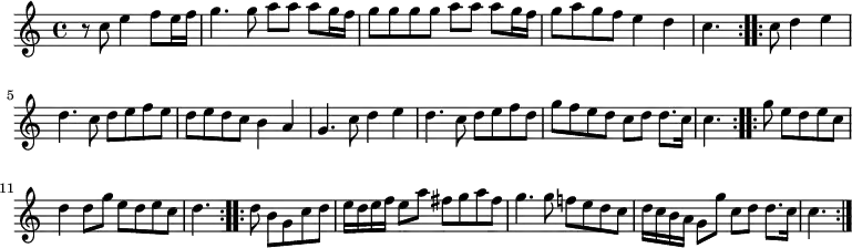 \relative c'' { \time 4/4 \partial 2.
  \repeat volta 2 { r8 c e4 f8 e16 f | g4. g8 a a a g16 f |
    g8 g g g a a a g16 f | g8 a g f e4 d | c4. }
  \repeat volta 2 { c8 d4 e | d4. c8 d e f e | d e d c b4 a |
    g4. c8 d4 e | d4. c8 d e f d | g f e d c d d8. c16 | c4. }
  \repeat volta 2 { g'8 e d e c | d4 d8 g e d e c | d4. }
  \repeat volta 2 { d8 b g c d | e16 d e f e8 a fis g a fis |
    g4. g8 f! e d c | d16[ c b a] g8[ g'] c,[ d] d8. c16 | c4. } }