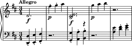 
\new GrandStaff <<
\new Staff {
        \tempo Allegro 
        \clef violin
        \key d \major
        \time 3/4
       
        d'2.
        \f
        |
        fis''4 \staccato 
        \p
        g''4 \staccato
        a''4 
        |
        <<
        { <d' e'>2.} \f {b2 r4}
        >>
        |
        g''4 \p a''4 b''4
        r2. |
}
\new Staff {
        \clef bass
        \key d \major
        \time 3/4
        < d, \staccato d>4
        < e, \staccato e>4
        < fis, \staccato fis>4
        r2. |
        < g, \staccato g>4
        < a, \staccato a>4
        < b, \staccato b>4
        r2. |
        < a e'>4
        < d' \staccato fis'>4
        < e' \staccato g'>4
}
>>
