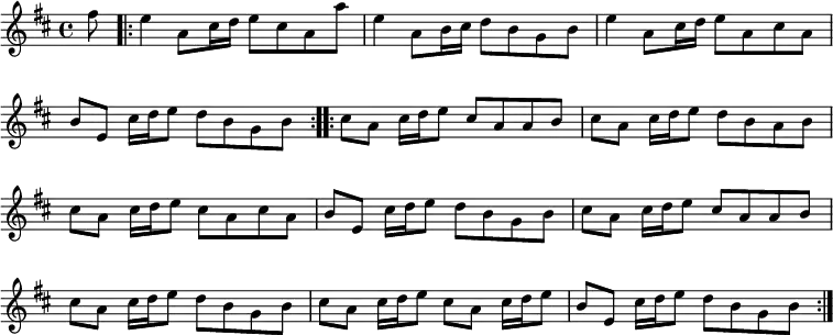 \relative f'' { \key d \major \time 4/4 \partial 8 \override Score.BarNumber #'break-visibility = #'#(#f #f #f) fis8 |
\repeat volta 2 { e4 a,8 cis16 d e8 cis a a' |
e4 a,8 b16 cis d8 b g b | e4 a,8 cis16 d e8 a, cis a |
b e, cis'16 d e8 d b g b }
\repeat volta 2 { cis a cis16 d e8 cis a a b |
cis a cis16 d e8 d b a b | cis a cis16 d e8 cis a cis a |
b e, cis'16 d e8 d b g b | cis a cis16 d e8 cis a a b |
cis a cis16 d e8 d b g b | cis a cis16 d e8 cis a cis16 d e8 |
b e, cis'16 d e8 d b g b } }