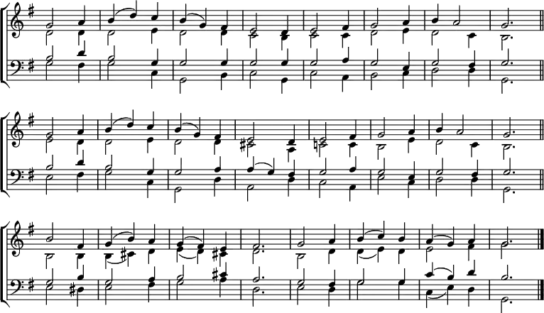 
\new ChoirStaff <<
  \new Staff { \clef treble \time 3/4 \key g \major \set Staff.midiInstrument = "church organ" \omit Staff.TimeSignature \set Score.tempoHideNote = ##t \override Score.BarNumber  #'transparent = ##t 
  \relative c''
  << { g2 a4 | b( d) c | b( g) fis | e2 d4 | e2 fis4 | g2 a4 | b a2 | g2. \bar"||" \break
       g2 a4 | b( d) c | b( g) fis | e2 d4 | e2 fis4 | g2 a4 | b a2 | g2. \bar"||" \break
       b2 fis4 | g( b) a | g( fis) e | fis2. | g2 a4 | b( c) b | a( g) a | g2. \bar"|." } \\
  { d2 d4 | d2 e4 | d2 d4 | c2 b4 | c2 c4 | d2 e4 | d2 c4 | b2.
    e2 d4 | d2 e4 | d2 d4 | cis2 a4 | c!2 c4 | b2 e4 | d2 c4 | b2.
    b2 b4 | b( cis) d | e( d) cis | d2. | b2 d4 | d( e) d | e2 fis4 | g2. } >>
  } 
\new Staff { \clef bass \key g \major \set Staff.midiInstrument = "church organ" \omit Staff.TimeSignature  
  \relative c'
  << { b2 d4 | b2 g4 | g2 g4 | g2 g4 | g2 a4| g2 e4 | g2 fis4 | g2.
       b2 d4 | b2 g4 | g2 a4 | a( g) fis | g2 a4 | g2 e4 | g2 fis4 | g2.
       g2 b4 | g2 a4 | b2 cis4 | a2. | g2 fis4 | g2 g4 | c( b) d | b2. } \\
  { g2 fis4 | g2 c,4 | g2 b4 | c2 g4 | c2 a4 | b2 c4 | d2 d4 | g,2.
    e'2 fis4 | g2 c,4 | g2 d'4 | a2 d4 | c2 a4 | e'2 c4 | d2 d4 | g,2.
    e'2 dis4 | e2 fis4 | g2 a4 | d,2. | e2 d4 | g2 g4 | c,( e) d | g,2. } >>
  } 
>>
\layout { indent = #0 }
\midi { \tempo 4 = 120 }
