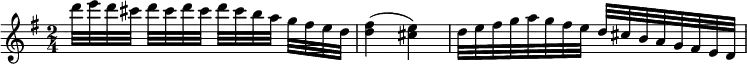 { \key g \major \time 2/4 \relative d''' { d32[ e d cis] d[ cis d cis] d[ cis b a] g[ fis e d] | <d fis>4( <e cis>) | d32[ e fis g a g fis e] d[ cis b a g fis e d] } }
