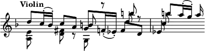 { \override Score.TimeSignature #'stencil = ##f \time 4/4 \tempo "Violin" \key d \minor << \relative d'' { d8 c16^.( bes^.) c8 a g \slurDown f16_.( ees_.) f8 d | ees8 } \\ \relative e' { <e a,>8 s <fis d> r g, } \\ \relative b' { s2 b8 r d s c } \\ { } \\ \relative b''{ s2. b8 r | b a16^.( g^.) a } >> }