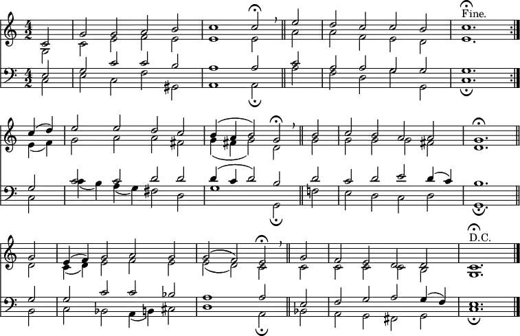 
<< <<
\new Staff { \clef treble \time 4/2 \key a \minor \partial 2 \set Staff.midiInstrument = "church organ" \relative c' 
  << { 
  \set Score.tempoHideNote = ##t \override Score.BarNumber  #'transparent = ##t
  c2 | g' g a b | c1 c2\fermata \breathe \bar"||" e | d c c b | c1.\fermata ^\markup{"Fine."} \bar":|." \break
  c4( d) | e2 e d c | b4( a b2) g\fermata \breathe \bar"||" b | c b a a | g1.\fermata \bar"||" \break
  g2 | e4( f) g2 a g | g( f) e\fermata \breathe \bar"||" g | f e d d | c1.\fermata ^\markup{"D.C."} \bar "|." } \\ 
  { g2 | c e f e | e1 e2 a | a f e d | e1.
  e4( f) | g2 a a fis | g4( fis g2) d g | g g g fis | d1.
  d2 | c4( d) e2 f e | e( d) c c | c c c b | g1. } 
  >>
}
\new Staff { \clef bass \key a \minor \set Staff.midiInstrument = "church organ" \relative c
  << { e2 | g c c b | a1 a2 c | a a g g | g1. 
  g2 | c c d d | d4( c d2) b d | c d e d4( c) | b1. 
  g2 | g c c bes | a1 a2 e | f g a g4( f) | e1. } \\ 
  { c2 | e c f gis, | a1 a2_\fermata a' | f d g g, | c1._\fermata 
  c2 | c'4( b) a( g) fis2 d | g1 g,2_\fermata f'! | e d c d | g,1._\fermata
  b2 | c bes a4( b) cis2 | d1 a2_\fermata bes | a g fis g | c1._\fermata } 
  >>
}
>> >>
\layout { indent = #0 }
\midi { \tempo 2 = 92 }
