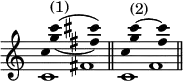 { \time 2/4 \override Score.TimeSignature #'stencil = ##f \override Score.Stem #'stencil = ##f \relative c''' << { c4^(^"(1)" cis) \bar "||" c^"(2)" ~ c \bar "||" } \\ { g_( fis)g f } \\ { \stemDown c s c } \\ { c,1*1/4 fis c f } >> }