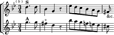 \new ChoirStaff << \override Score.Rest #'style = #'classical
\new Staff \relative d'' { \key g \minor \time 3/4 \partial 2 \mark \markup \tiny { (\italic"b") }
d4.^\markup \bold "S" d8 | bes4 g r |
ees'8 d c bes a g | fis_"&c." }
\new Staff \relative g'' { \key g \minor
g4.^\markup \bold "A" g8 | fis4^"*" d r |
bes'8 a g f! e d | cis } >>