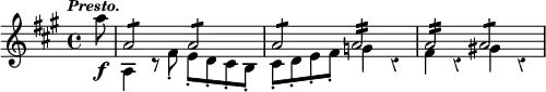 { \time 4/4 \key a \major \override Score.Rest #'style = #'classical \tempo \markup { \smaller \italic Presto. } \partial 8 \relative a'' { a8\f << { a,2:8 a: a: a:16 a: a:8 } \\ { a,4 r8 fis'-. e-. d-. cis-. b-. cis-. d-. e-. fis-. g4 r fis r gis! r } >> } }