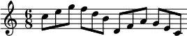 { \time 6/8 \cadenzaOn \relative c'' { c8[ e g] f[ d b] d,[ f a] g[ e c] } }
