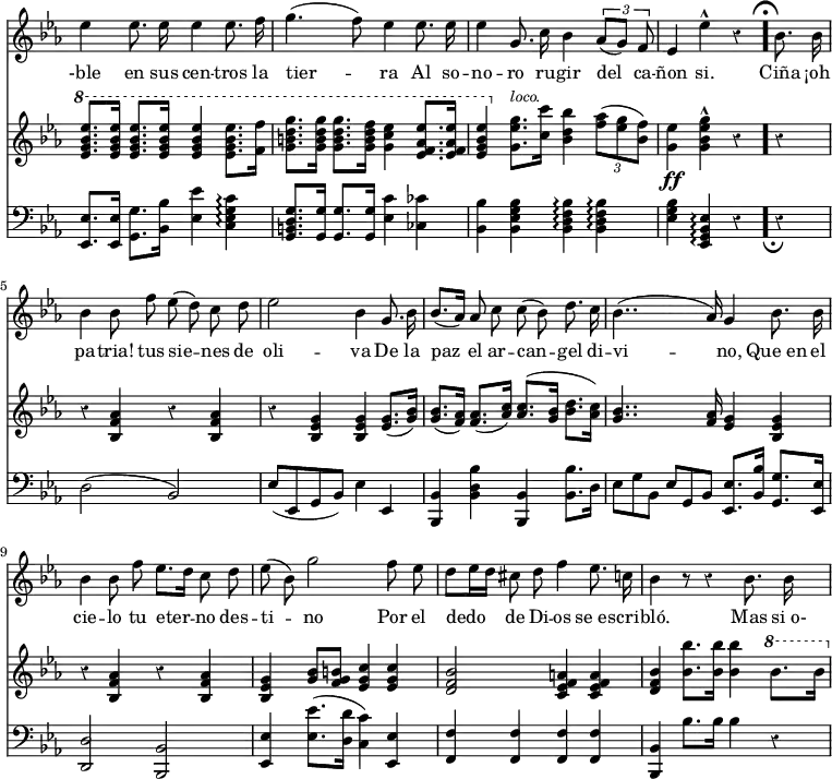 { \override Score.TimeSignature #'stencil = ##f \time 4/4 \key ees \major \override Score.Rest #'style = #'classical << \relative e'' { \autoBeamOff ees4 ees8. ees16 ees4 ees8. f16 | g4.( f8) ees4 ees8. ees16 | ees4 g,8. c16 bes4 \times 2/3 { aes8[( g]) f } | ees4 ees'-^ r \mark \markup { \musicglyph #"scripts.ufermata" } \bar "." bes8. bes16 | bes4 bes8 f' ees( d) c d | ees2 bes4 g8. bes16 | bes8.[( aes16]) aes8 c c( bes) d8. c16 | bes4..( aes16) g4 bes8. bes16 | bes4 bes8 f' ees8.[ d16] c8 d | ees( bes) g'2 f8 ees | d[ ees16 d] cis8 d f4 ees8. c16 | bes4 r8 r4 bes8. bes16 }
\addlyrics { -ble en sus cen -- tros la tier -- ra Al so -- no -- ro ru -- gir del ca -- ñon si. Ciña ¡oh pa -- tria! tus sie -- nes de oli -- va De la paz el ar -- can -- gel di -- vi -- no, Que_en el cie -- lo tu eter -- no des -- ti -- no Por el dedo de Di -- os se_es -- cri -- bló. Mas si_o- }
\new Staff { \key ees \major \relative e'' { \ottava #1 <ees g bes ees>8. q16 q8. q16 q4 q8. <f f'>16 | <g b d g>8. q16 q8. <g b d f>16 <g c ees>4 <ees f aes ees'>8. q16 | <ees g bes ees>4 \ottava #0 <g, ees' g>8.^\markup { \smaller \italic loco. } <c c'>16 <bes d bes'>4 \times 2/3 { <f' aes>8( <ees g> <bes f'>) } | <g ees'>4\ff <g bes ees g>-^ r \mark \markup { \musicglyph #"scripts.ufermata" } \bar "."  r | r <bes, f' aes> r q | r <bes ees g> q <ees g>8.( <g bes>16) | q8.( <f aes>16) <f aes>8.( <aes c>16) q8.( <g bes>16 <bes d>8.( <aes c>16) | <g bes>4.. <f aes>16 <ees g>4 <bes ees g> | r <bes f' aes> r <bes f' aes> | <bes ees g> <g' bes>8 <f g b> <ees g c>4 q | <d f bes>2 <c ees f a>4 q | <d f bes> <bes' bes'>8. q16 q4 \ottava #1 bes'8. bes16 } }
\new Staff { \clef bass \key ees \major \relative e, { <ees ees'>8. q16 <g g'>8. <bes bes'>16 <ees ees'>4 <c ees g c>\arpeggio | <g b d g>8. <g g'>16 q8. q16 <ees' c'>4 <ces ces'>4 | <bes bes'> <bes ees g bes> <bes d f bes>\arpeggio q\arpeggio | <ees g bes> <ees, g bes ees>\arpeggio r_\markup { \halign #-4 \musicglyph #"scripts.dfermata" } \bar "." r | d'2( bes) | ees8( ees, g bes) ees4 ees, | <bes bes'> <bes' d bes'> <bes bes,> <bes bes'>8. d16 | ees8*2/3 g bes, ees g, bes <ees, ees'>8. <bes' bes'>16 <g g'>8. <ees ees'>16 | <d d'>2 <bes bes'> | <ees ees'>4 <ees' ees'>8.( <d d'>16 <c c'>4) <ees, ees'> | <f f'> q q q | <bes, bes'> bes''8. bes16 bes4 r } } 
>> }