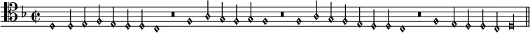 { \relative d { \clef tenor \key d \minor \time 2/2 \cadenzaOn\override NoteHead.style = #'petrucci \stemUp
  d1 d2 e f e d d c1 r\breve %end line 1
  f1 a2 g f g f1 r\breve f1 a2 g f e d d c1 r\breve %end line 2
  f1 e2 d d c d\longa \bar "||" } }