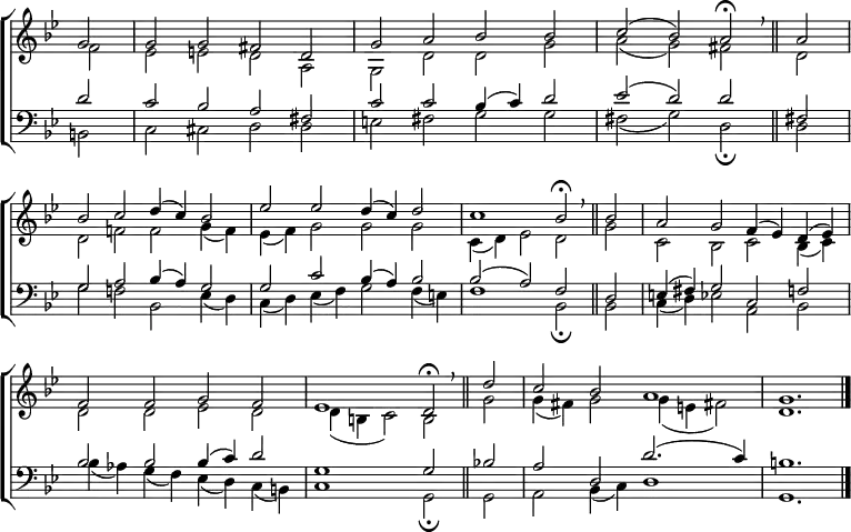 
\new ChoirStaff <<
  \new Staff { \clef treble \time 4/2 \key g \minor \partial 2 \set Staff.midiInstrument = "church organ" \omit Staff.TimeSignature \set Score.tempoHideNote = ##t \override Score.BarNumber  #'transparent = ##t 
  \relative c''
  << { g2 | g g fis d | g a bes bes | c( bes) a \fermata \breathe \bar"||" a \break
       bes c d4( c) bes2 | es es d4( c) d2 | c1 bes2 \fermata \breathe \bar"||" bes | a g f4( es) d( es) \break
       f2 f g f | es1 d2 \fermata \breathe \bar"||" d'2 | c2 bes a1 | g1. \bar"|." } \\
  { f2 | es e d a | g d' d g | a( g) fis d |
    d f! f g4( f) | es( f) g2 g g | c,4( d) es2 d g | c, bes c bes4( c) |
    d2 d es d | d4( b c2) b g' | g4( fis) g2 g4(e fis!2) | d1. } >>
  } 
\new Staff { \clef bass \key g \minor \set Staff.midiInstrument = "church organ" \omit Staff.TimeSignature
  \relative c'
  << { d2 | c bes a fis | c' c bes4( c) d2 | es( d) d fis,! |
       g a bes4( a) g2 | g c bes4( a) bes2 | bes( a) f d | e4( fis) g2 c, f |
       bes bes bes4(  c) d2 | g,1 g2 bes! | a d, d'2.( c4) | b1. } \\
  { b,2 | c cis d d | e fis g g | fis( g) d \fermata d |
    g f! bes, es4( d) | c( d) es ( f) g2 f4( e) | f1 bes,2 \fermata bes | c4( d) es2 a, bes |
    bes'4( aes) g( f) es( d) c( b) | c1 g2 \fermata g | a bes4( c) d1 | g,1. } >>
  } 
>>
\layout { indent = #0 }
\midi { \tempo 2 = 46 }
