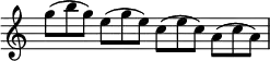 {\clef treble
\override Staff.TimeSignature #'stencil = ##f %hide the automatic time signature
\omit TupletNumber
\stemDown
\tuplet 3/2 4 {g''8( b'' g'') e''( g'' e'') c''( e'' c'') a'( c'' a')}}