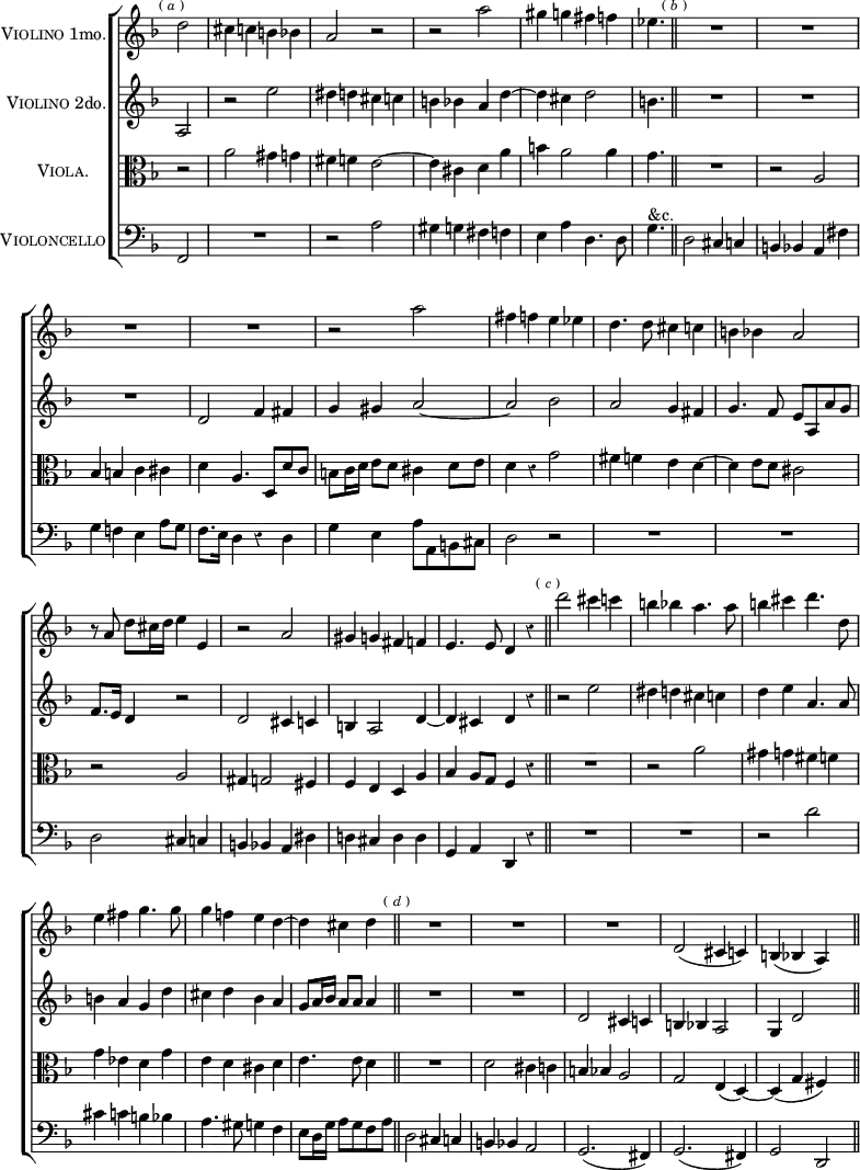 #(set-global-staff-size 19)
\header { tagline = ##f }
\score { \new ChoirStaff << \override Score.BarNumber #'break-visibility = #'#(#f #f #f) \override Score.Rest #'style = #'classical \override Score.TimeSignature #'stencil = ##f \override Score.PageNumber #'break-visibility = #'#(#f #f #f)
  \new Staff \with { instrumentName = \markup { \caps "Violino" 1mo. } } \relative d'' { \time 4/4 \partial 2 \key d \minor \mark \markup \tiny { (\italic"a") }
    d2 | cis4 c b bes | a2 r | r a' | gis4 g fis f |
    \partial 4. ees4. \bar "||" \mark \markup \tiny { (\italic"b") }
    R1*3 %end prev page
    R1 r2 a2 | fis4 f e ees | d4. d8 cis4 c | b bes a2 |
    r8 a d cis16 d e4 e, | r2 a | gis4 g fis f | e4. e8 d4 r \bar "||"
    \mark \markup \tiny { (\italic"c") }
    d''2 cis4 c | b bes a4. a8 |b4 cis d4. d,8 | e4 fis g4. g8 |
    g4 f! e d ~ | \partial 2. d cis d \bar "||"
    \mark \markup \tiny { (\italic"d") } R1*2 %end this page
    R1 d,2( cis4 c) | b( bes a) s \bar "||" }
  \new Staff \with { instrumentName = \markup { \caps "Violino" 2do. } } \relative a { \key d \minor
    a2 | r e'' | dis4 d cis c | b bes a d ~ | d cis d2 | b4. | R1*3
    d,2 f4 fis | g gis a2 ~ | a bes | a g4 fis |
    g4. f8 e a, a' g | f8. e16 d4 r2 | d2 cis4 c |
    b a2 d4 ~ | d cis d r
    r2 e' | dis4 d cis c | d e a,4. a8 | b4 a g d' |
    cis d bes a | g8 a16 bes a8 a a4 | R1*2
    d,2 cis4 c | b bes a2 | g4 d'2 s4 }
  \new Staff \with { instrumentName = \markup \caps "Viola." } \relative a' { \clef alto \key d \minor
    r2 | a gis4 g | fis f e2 ~ | e4 cis d a' | b a2 a4 | g4. |
    R1 r2 a, | bes4 b c cis | %end prev page
    d a4. d,8[ d' c] | b c16 d e8 d cis4 d8 e | d4 r g2 |
    fis4 f e d ~ | d e8 d cis2 | r a | gis4 g2 fis4 | f e d a' |
    bes a8 g f4 r | R1 r2 a' | gis4 g fis f | g ees d g | e d cis d |
    e4. e8 d4 | R1 d2 cis4 c | %end this page
    b bes a2 | g e4_( d) _~ d_( g fis) s }
  \new Staff \with { instrumentName = \markup \caps "Violoncello" } \relative f, { \clef bass \key d \minor
    f2 | R1 r2 a' | gis4 g fis f | e a d,4. d8 g4.^"&c." |
    d2 cis4 c | b bes a fis' | g f! e a8 g | %end prev page
    f8. e16 d4 r d | g e a8 a, b cis | d2 r R1*2 | d2 cis4 c |
    b bes a dis | d! cis d d | g, a d, r | R1*2 r2 d''2 |
    cis4 c b bes | a4. gis8 g4 f | e8 d16 g a8 g f a |
    d,2 cis4 c b bes a2 | %end this page
    g2.( fis4) | g2.( fis4) | g2 d } >>
\layout { indent = 2.0\cm } }