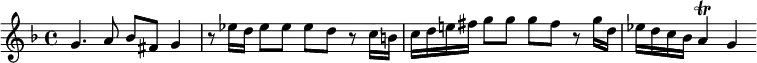 { \relative g' { \time 4/4 \key f \major
g4. a8 bes fis g4 | r8 ees'16 d ees8 ees ees d r c16 b | %eol 1
c d e! fis g8 g g fis r g16 d | ees d c bes a4\trill g } }