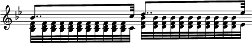 { \new Staff <<
\new Voice \relative b' { \key bes \major \override Score.TimeSignature #'stencil = ##f \stemUp
bes8.. c32 d8.. ees32 }
\new Voice \relative b { \stemDown
\repeat unfold 11 { <bes d f>32*7/11 } c32
\repeat unfold 11 { <d f bes>32*7/11 } ees32 } >> }