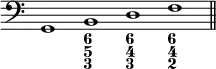 { \override Score.TimeSignature #'stencil = ##f \clef bass << { \cadenzaOn g,1 b, d f \bar "||" } \new FiguredBass { \figuremode { < _ >1 < 6 5 3 > < 6 4 3 > < 6 4 2 > } } >> }