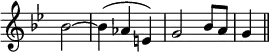{ \override Score.TimeSignature #'stencil = ##f \time 3/4 \key g \minor \partial 2 \relative b' { bes2 ~ bes4( aes e) | g2 bes8 a g4 \bar "||" } }